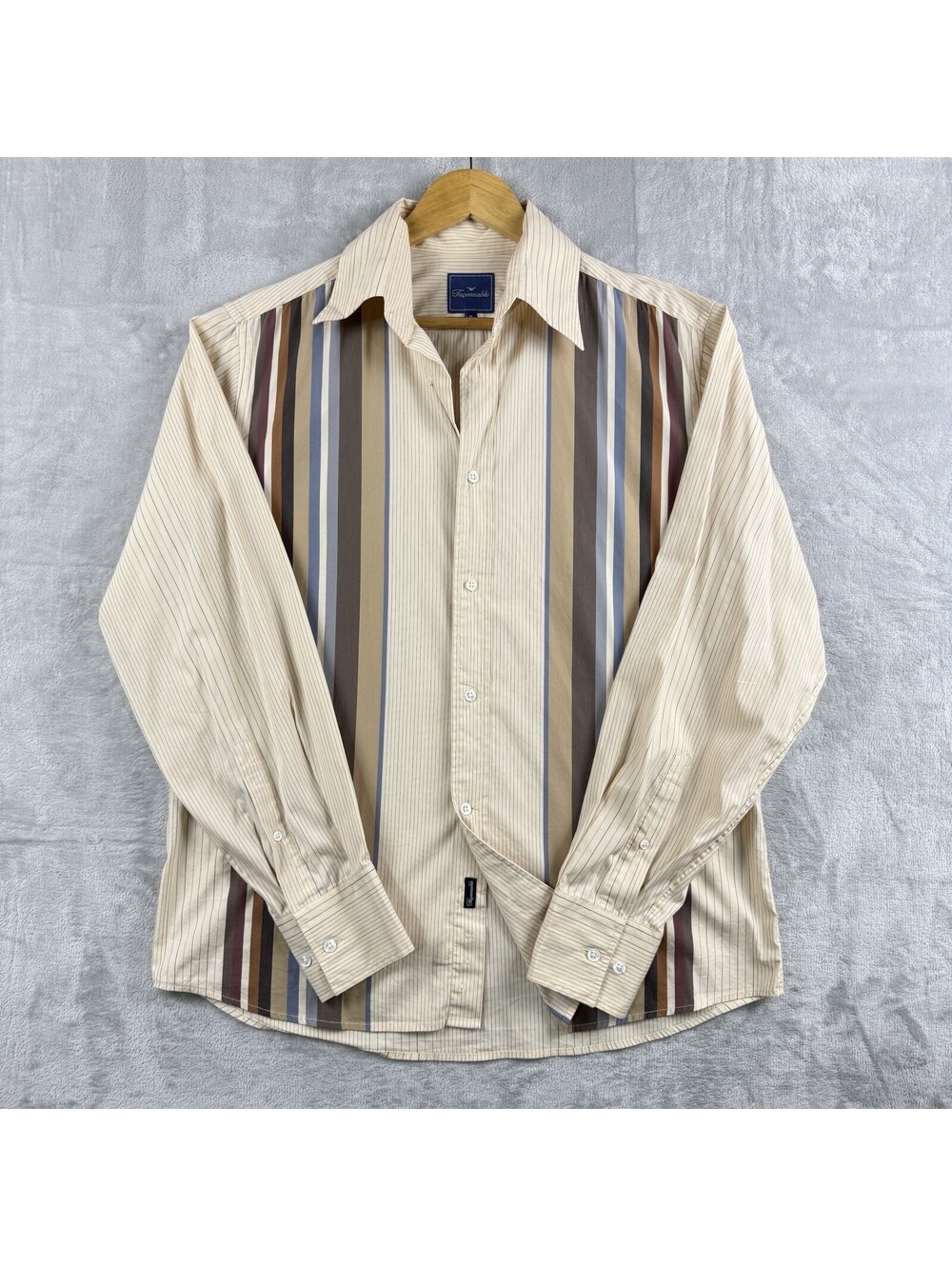 Faconnable Shirt Men M Beige Vertical Stripe Long Sleeve Button Up Causal Preppy
